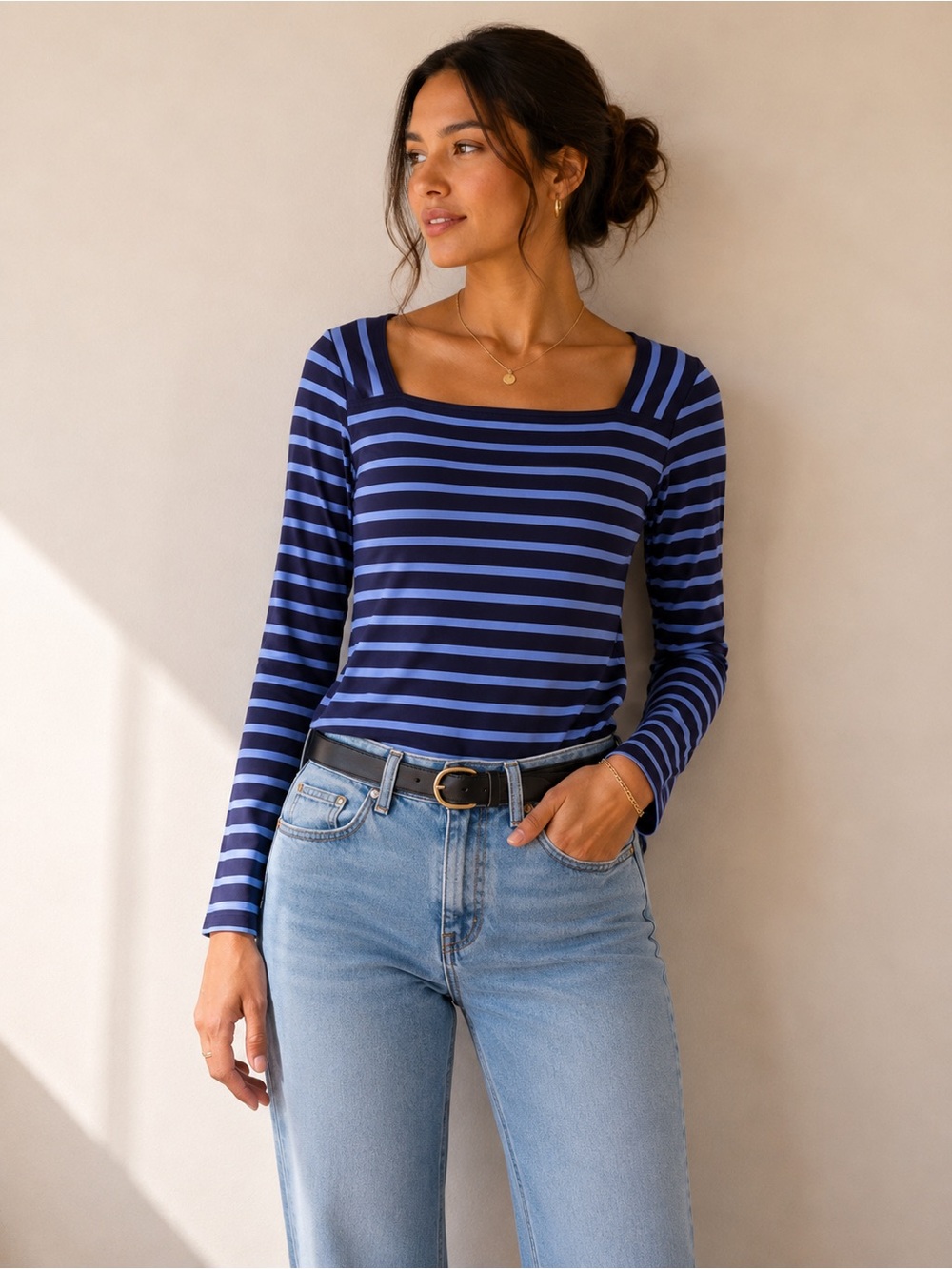 Saint James France Navy Blue Striped Boatneck Neck Long Sleeve Top